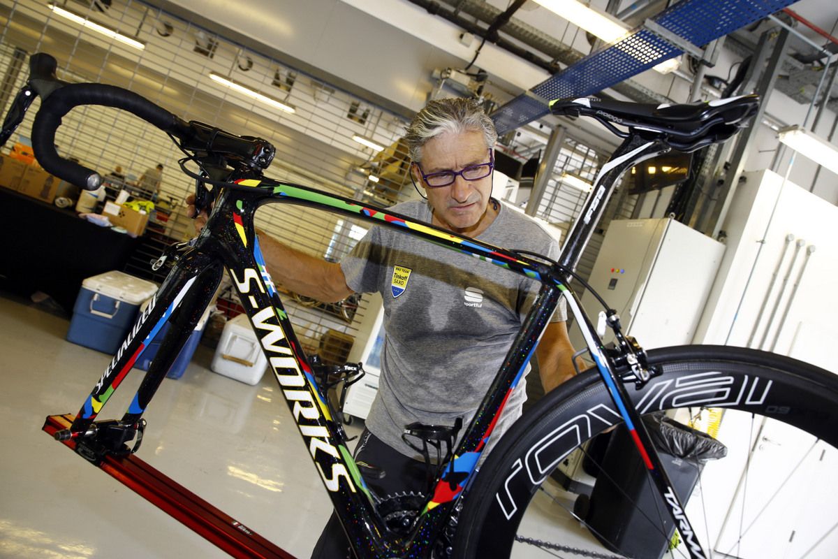 Working on Sagan's bike
