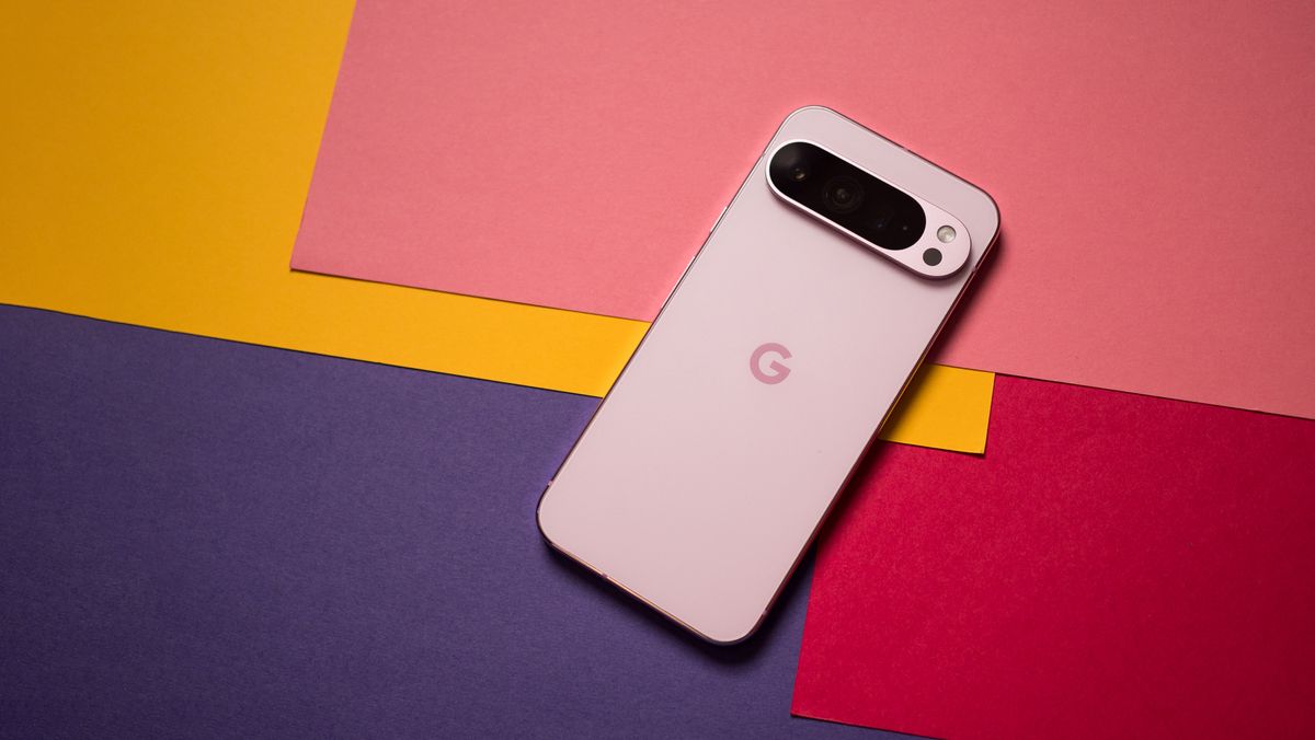 Pixel 9 Pro XL back view against colorful background