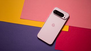 Pixel 9 Pro XL back view against colorful background