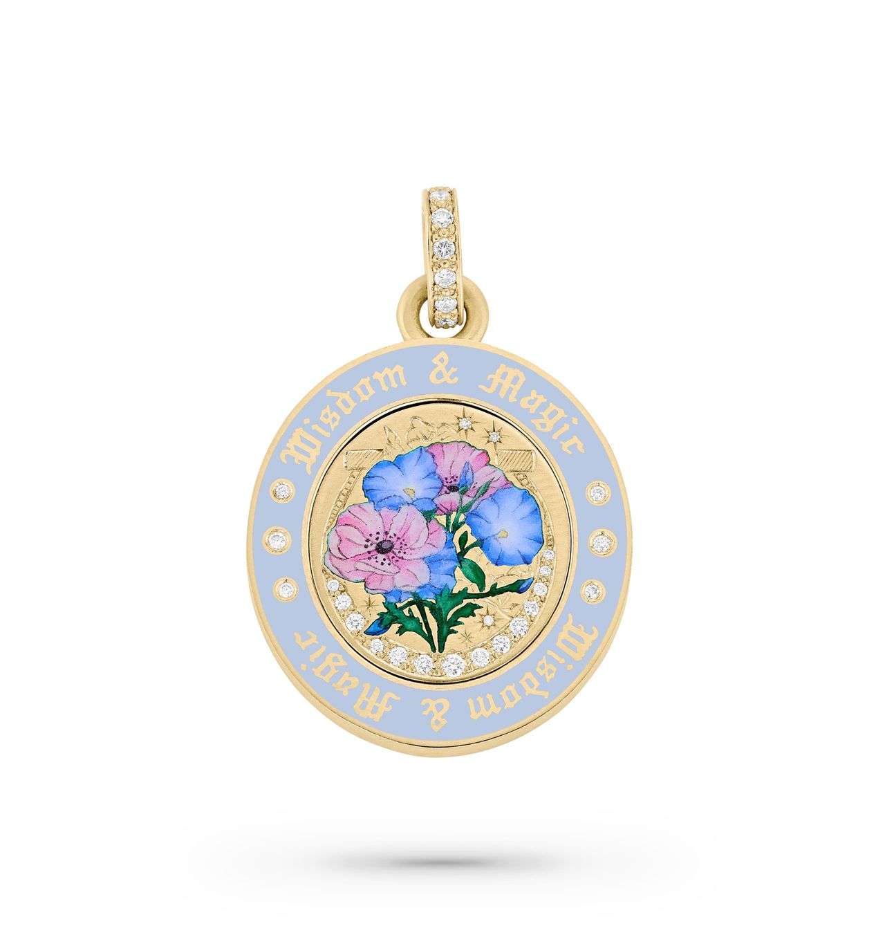 Gold jewellery featuring illustrations of blue and pink flowers