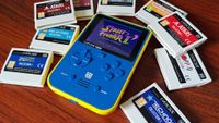 Super Pocket Capcom edition surrounded by cartridges
