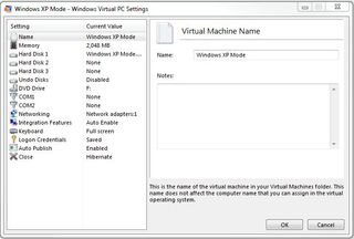 Once Windows XP Mode is installed, you can make configuration changes through the Virtual PC dialog box.