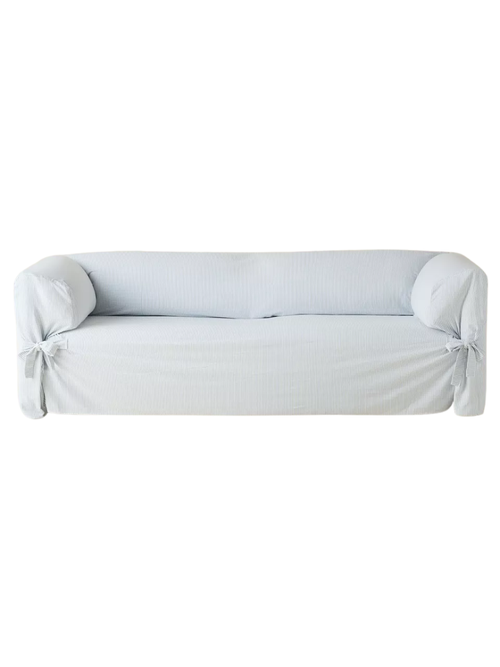 Universal Cotton Sofa Slipcover in Blue Stripe Contrast Ties