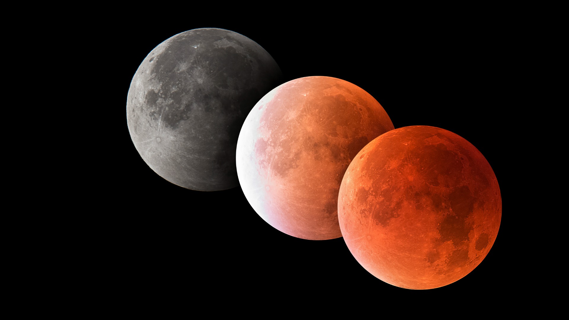 Various phases of a total lunar eclipse, blood moon, astrophotography