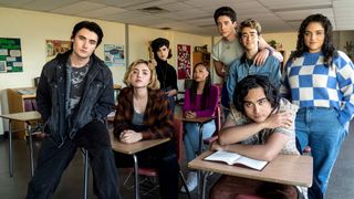 From left: Spencer McPherson, Peyton List, Sarah Yarkin, Rainbow Wedell, Milo Manheim, Nick Pugliese, Kristian Flores, and Kiara Pichardo in Paramount Plus&#039;s &#039;School Spirits&#039;.