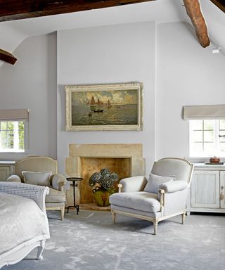 Farmhouse style bedroom with fireplace
