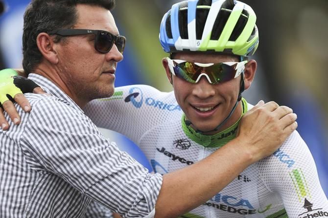 Caleb gets a hug from his proud father after winning the stage.