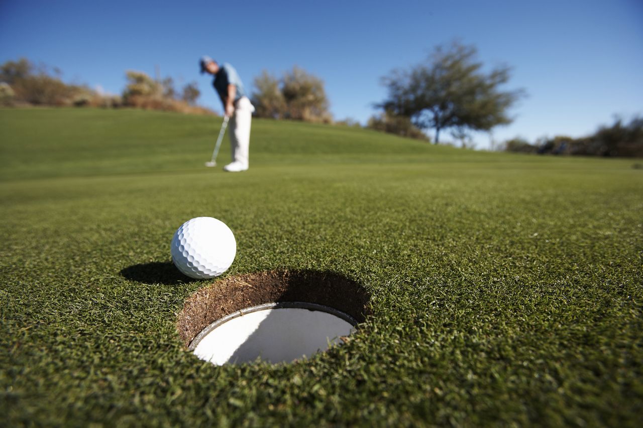 Golfer putting on golf course. 