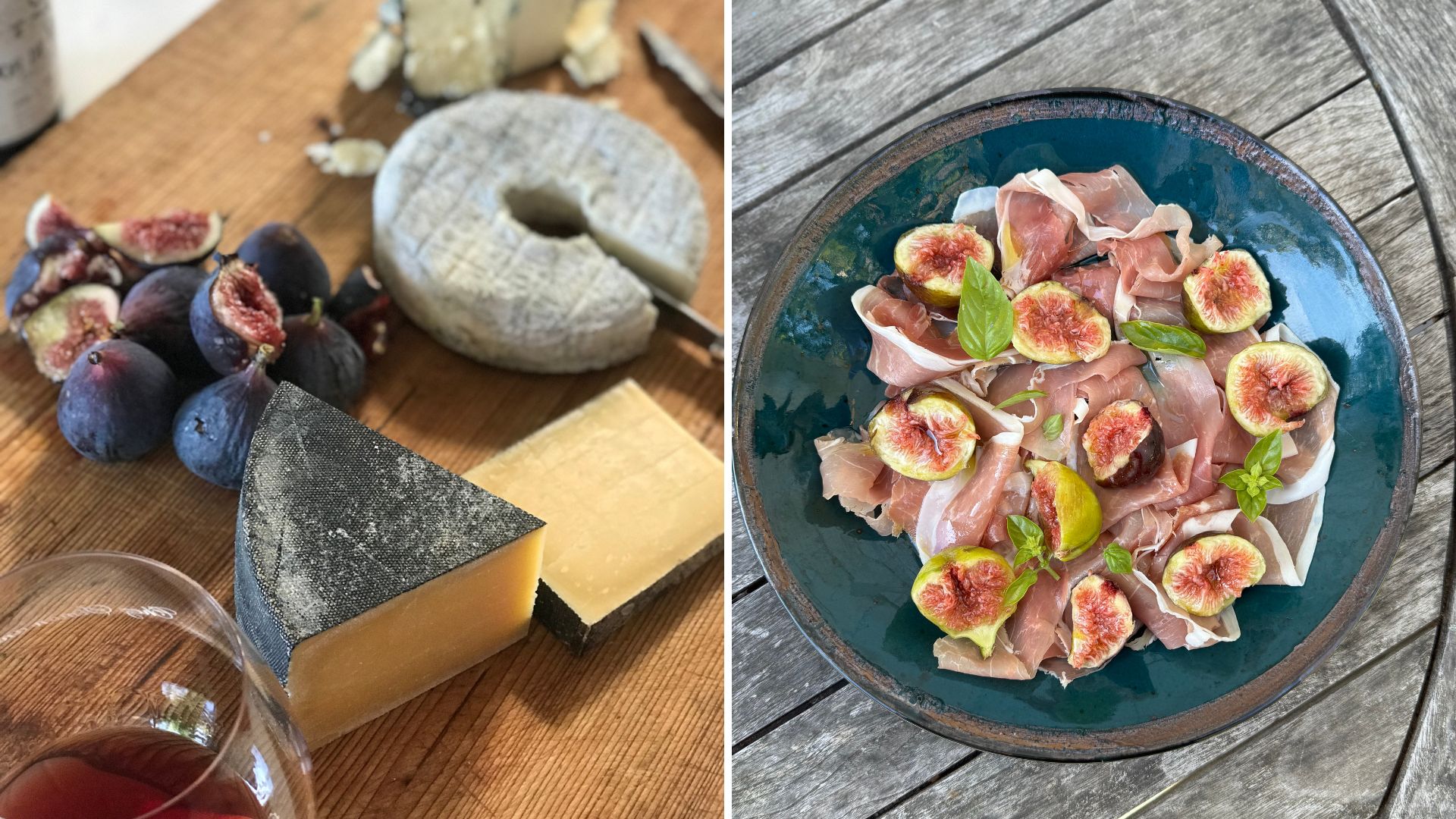figs on a cheeseboard and figs with prosciutto in a bowl