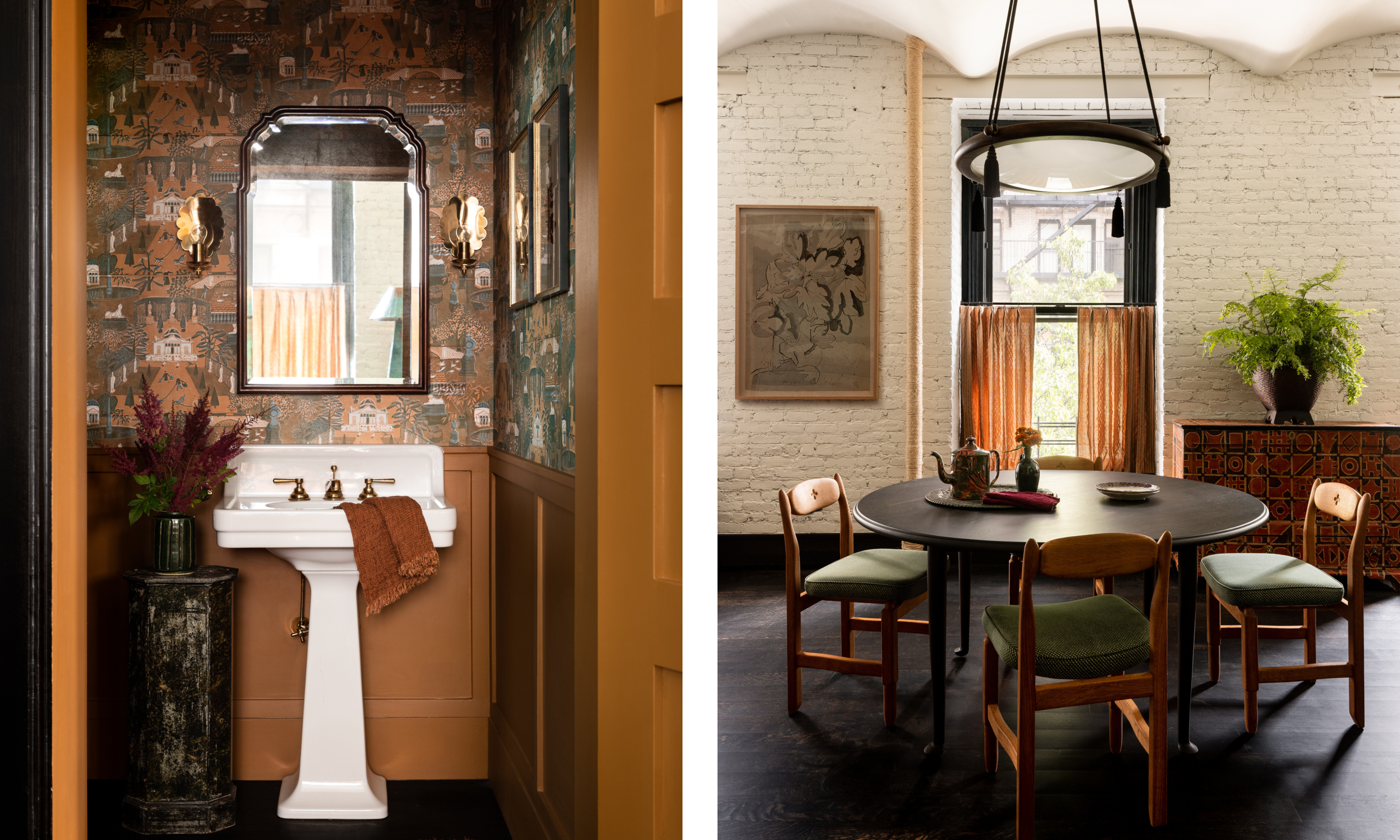 A split image from a NYC loft project by Nickey Kehoe, with a powder room on the left and a dining area on the right.