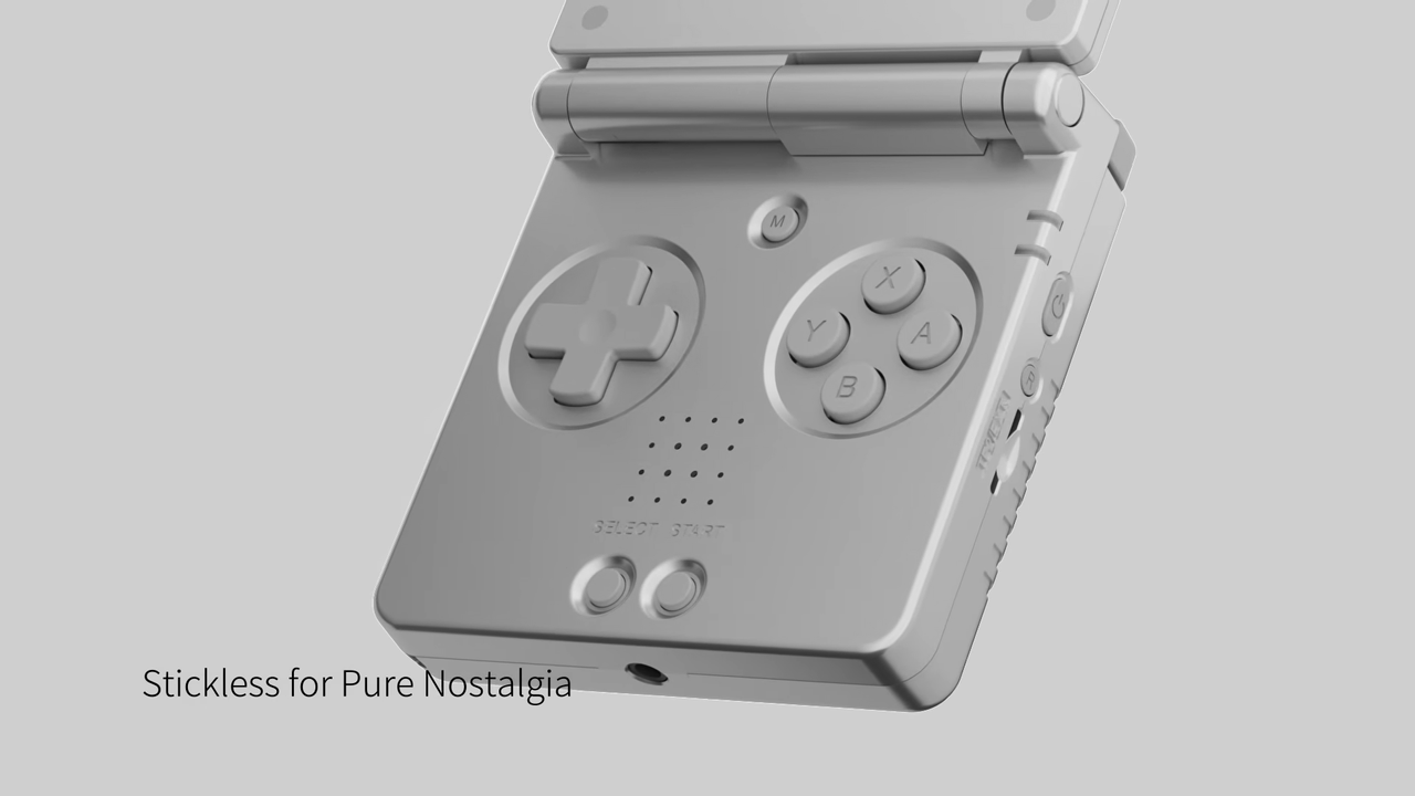 Close up of Anbernic RG SP with text that reads "stickless for Pure Nostalgia"