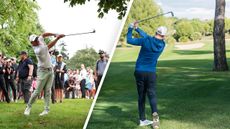 Rory McIlroy and Ben Emerson playing left to right golf shots around trees on the golf course