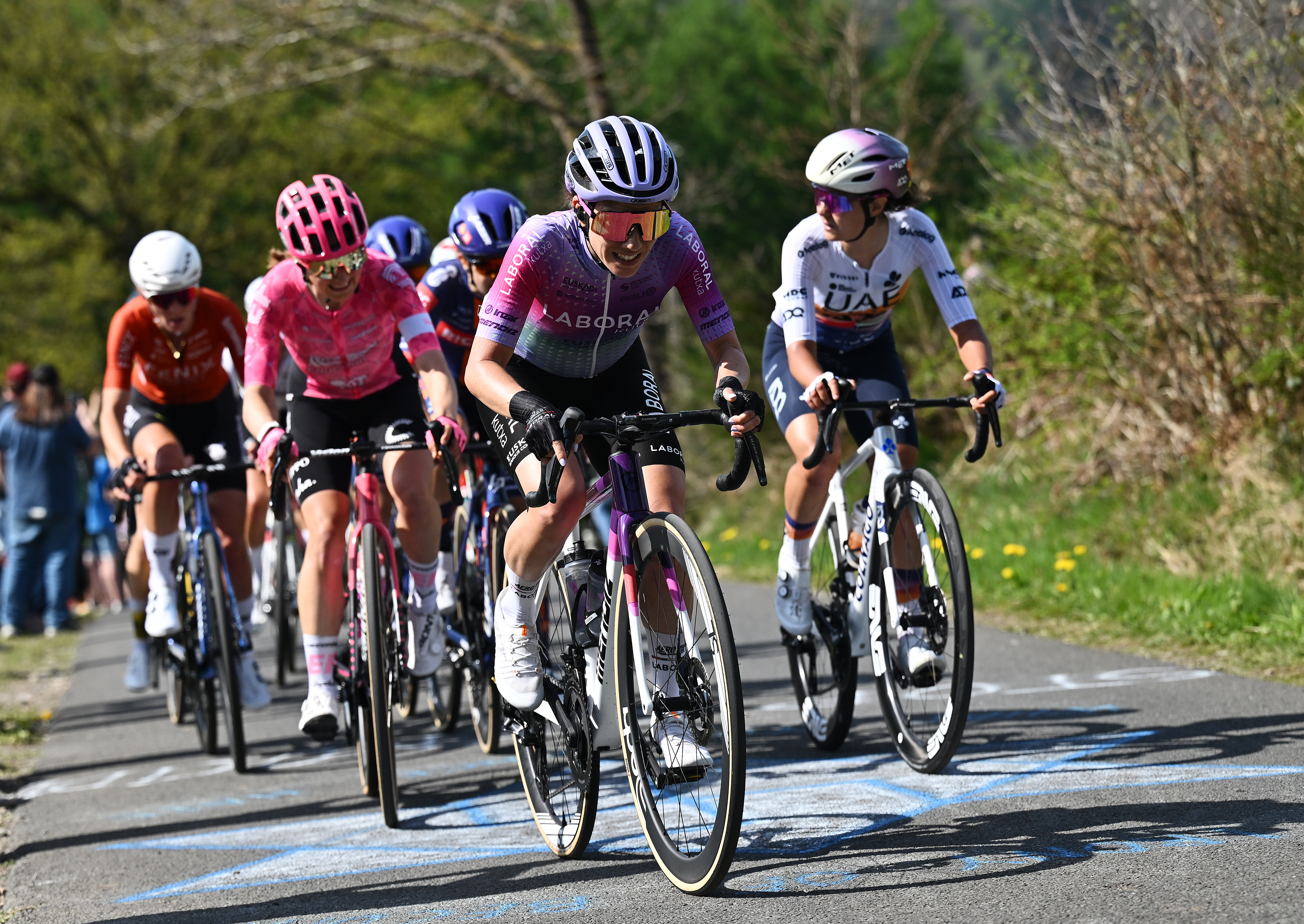 LIEGE, BELGIUM - APRIL 27: Ane Santesteban of Spain and Team Laboral Kutxa-Fundacion Euskadi compete during the 9th Liege-Bastogne-Liege Women's 2025 at the 152.9km one day race from Bastogne to Liege on April 27, 2025 in Liege, Belgium. (Photo by Luc Claessen/Getty Images)