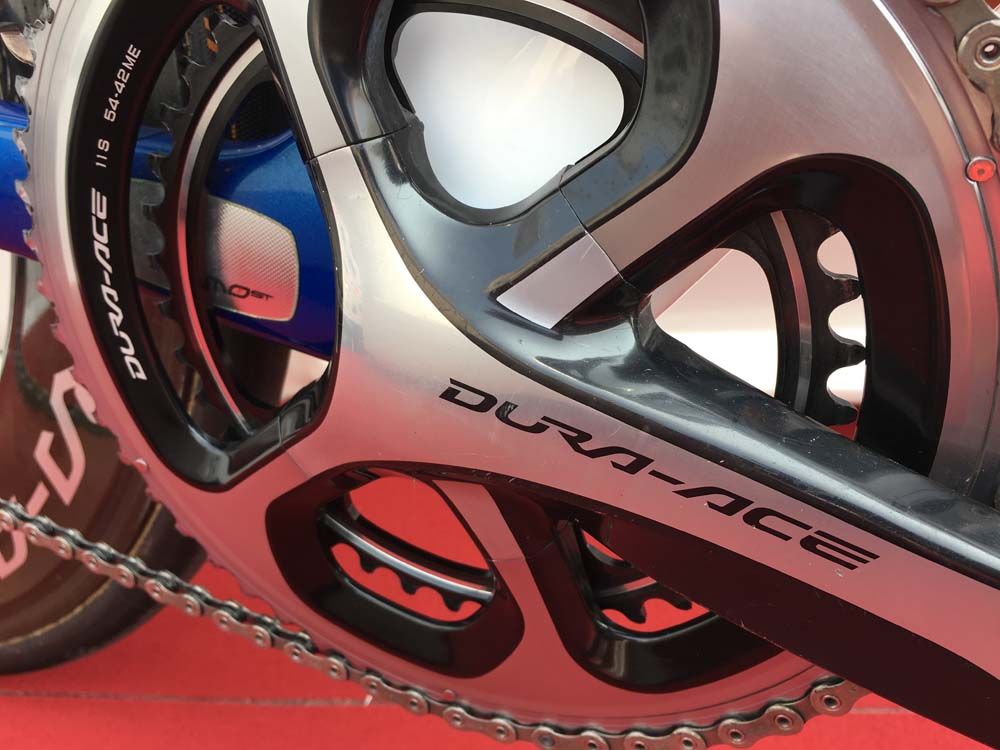 The solid but perhaps not pretty Shimano Dura-Ace chainset