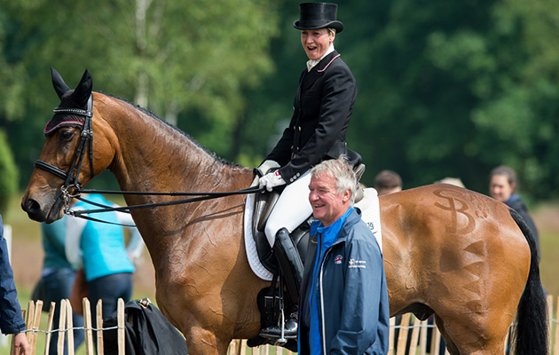 Sarah Bullimore and Reve Du Rouet with British eventing performance manager Yogi Breisner after her test at Luhm&amp;uuml;hlen 2016. Picture by Jon Stroud Media