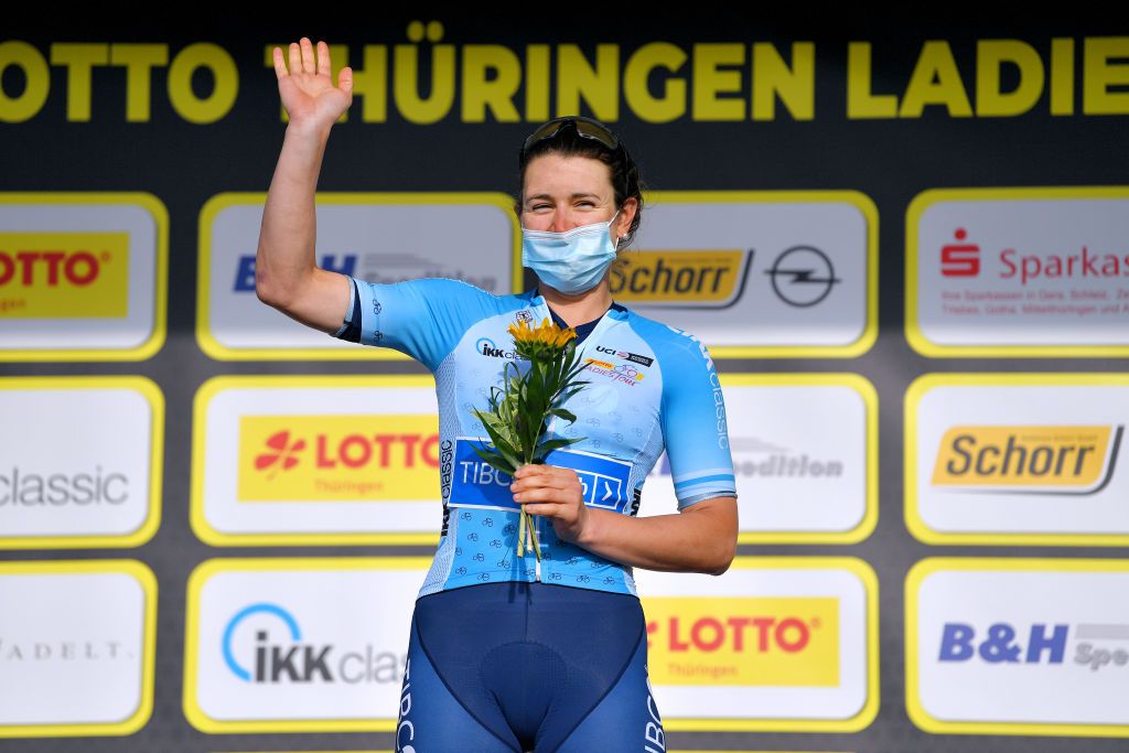 DRTENDORF GERMANY MAY 28 Kristen Faulkner of United States and Team Tibco Silicon Valley Bank blue most active rider jersey celebrates at podium during the 34th Internationale LOTTO Thringen Ladies Tour 202 Stage 4 a 101km stage from Drtendorf to Drtendorf 420m ltlt2021 lottothueringenladiestour womencycling on May 28 2021 in Drtendorf Germany Photo by Luc ClaessenGetty Images