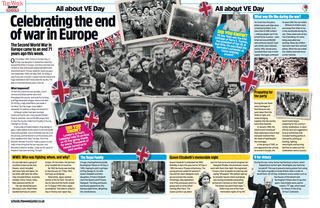 A magazine spread featuring an image of VE Day celebrations