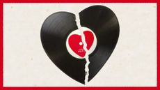 Photo collage of a vinyl record in the shape of a heart, broken in half