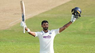 Devdutt Padikkal of India reacts to his century during day one of the First Test match in the series between Sri Lanka and India at Galle International Stadium