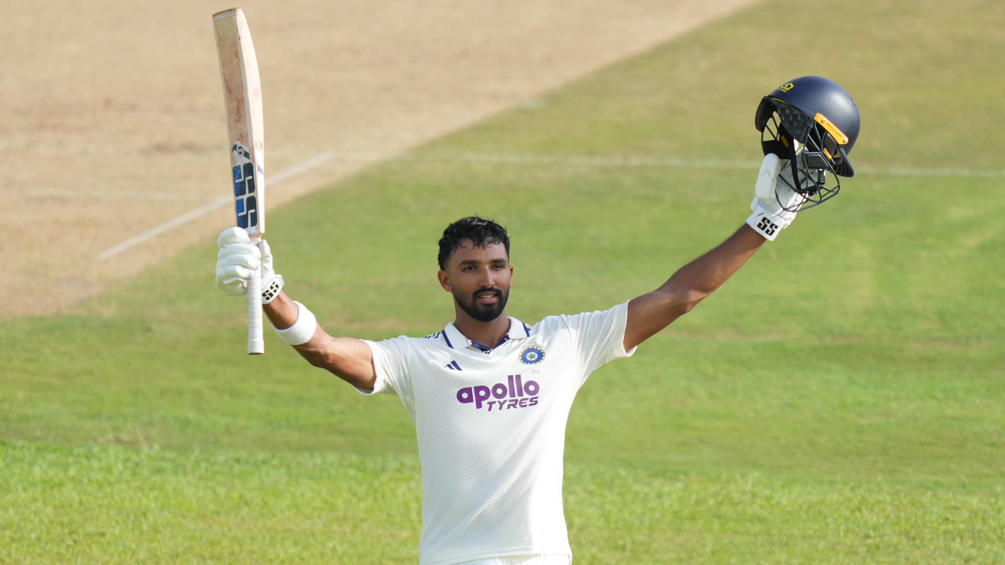 Devdutt Padikkal of India reacts to his century during day one of the First Test match in the series between Sri Lanka and India at Galle International Stadium