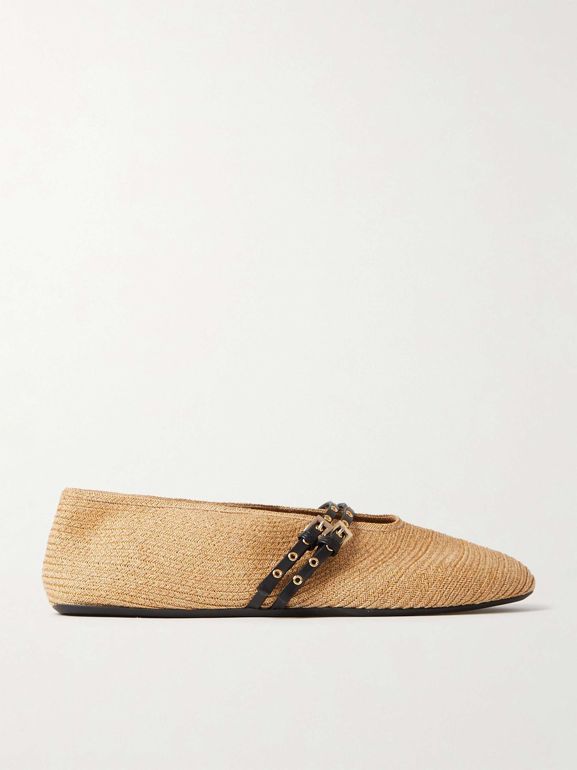 Leather-Trimmed Raffia Ballet Flats