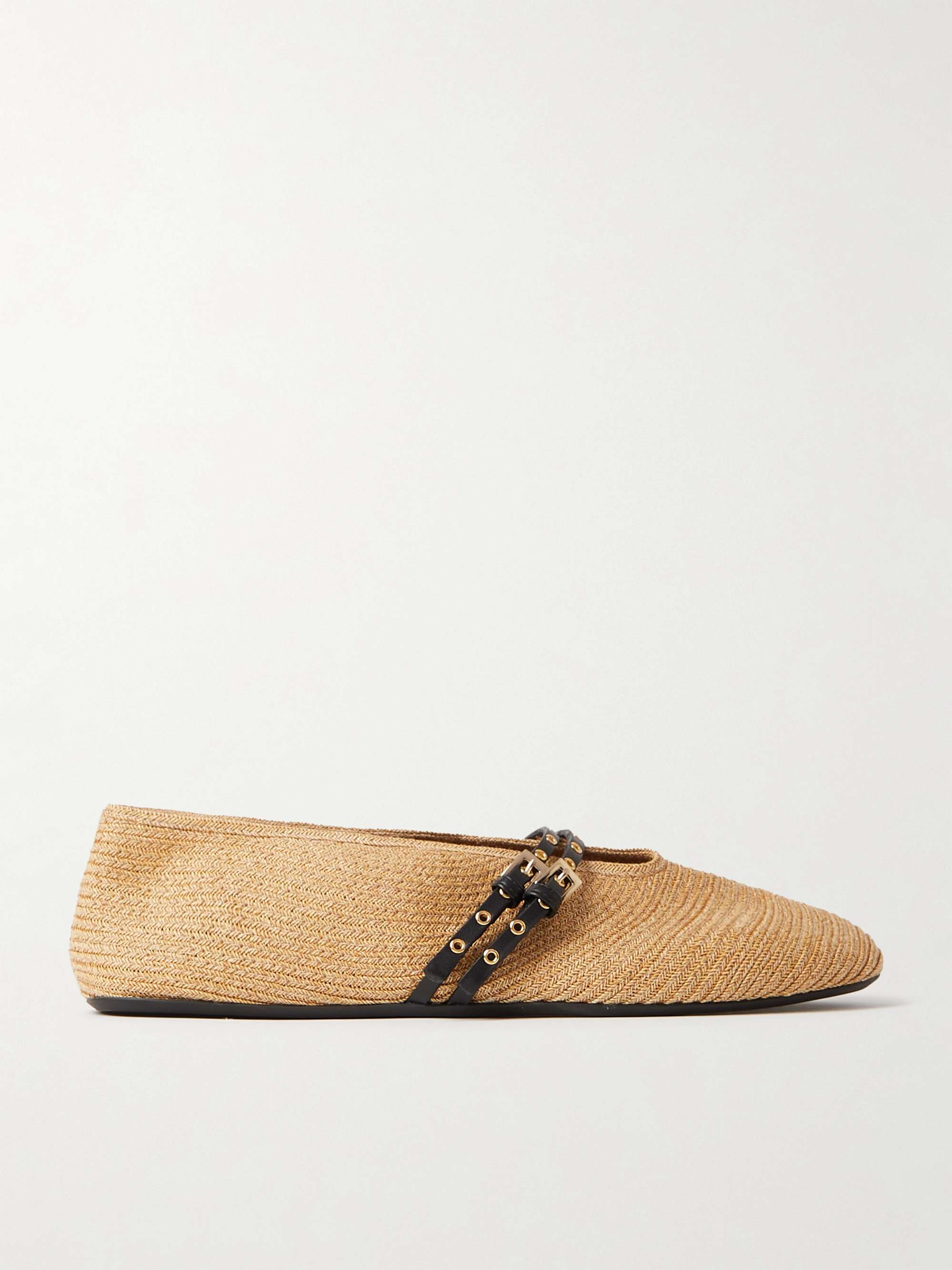 Leather-Trimmed Raffia Ballet Flats