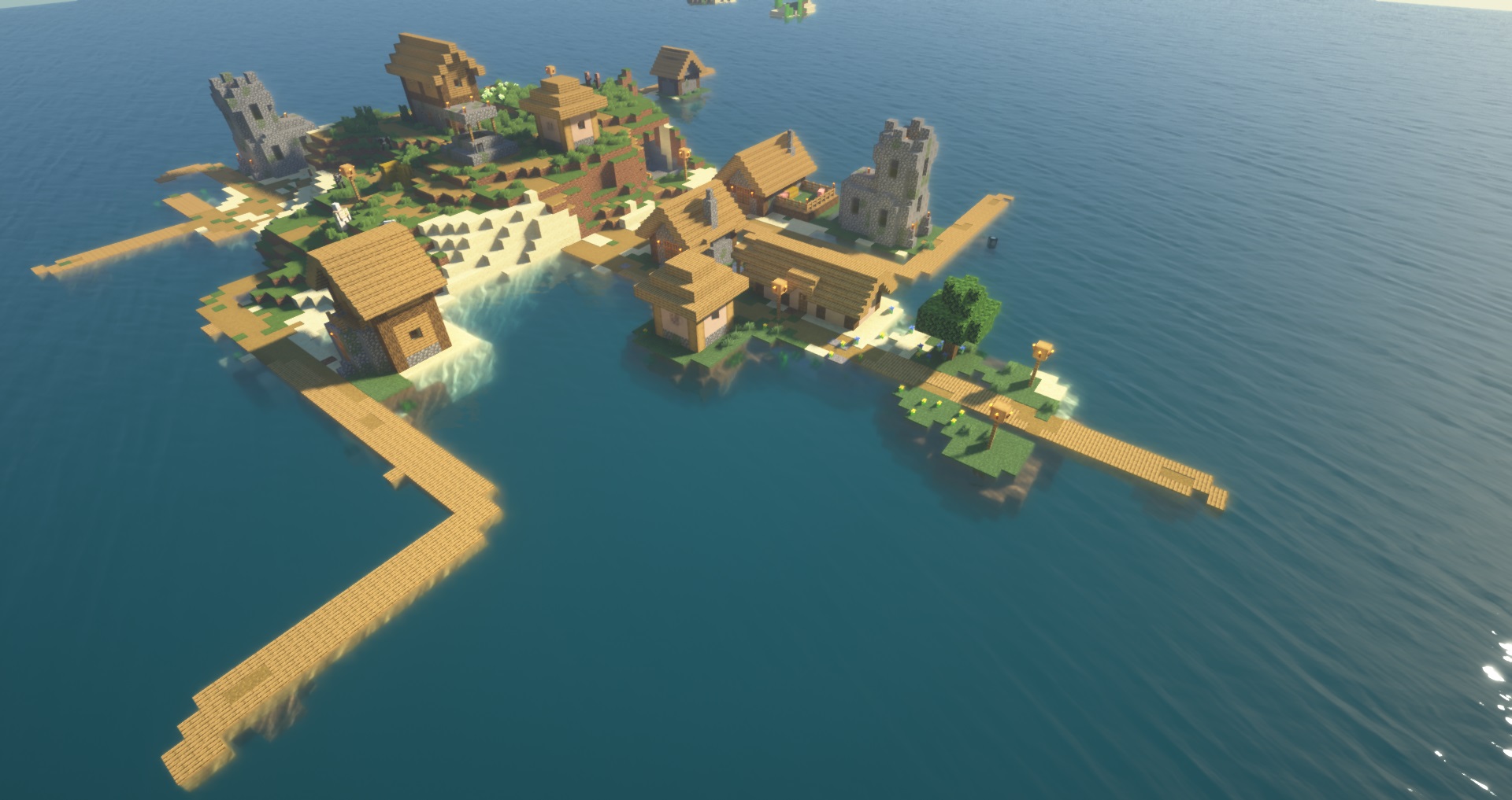 Minecraft village seed: A view from above of an island village with several wooden docks, houses, and watchtowers