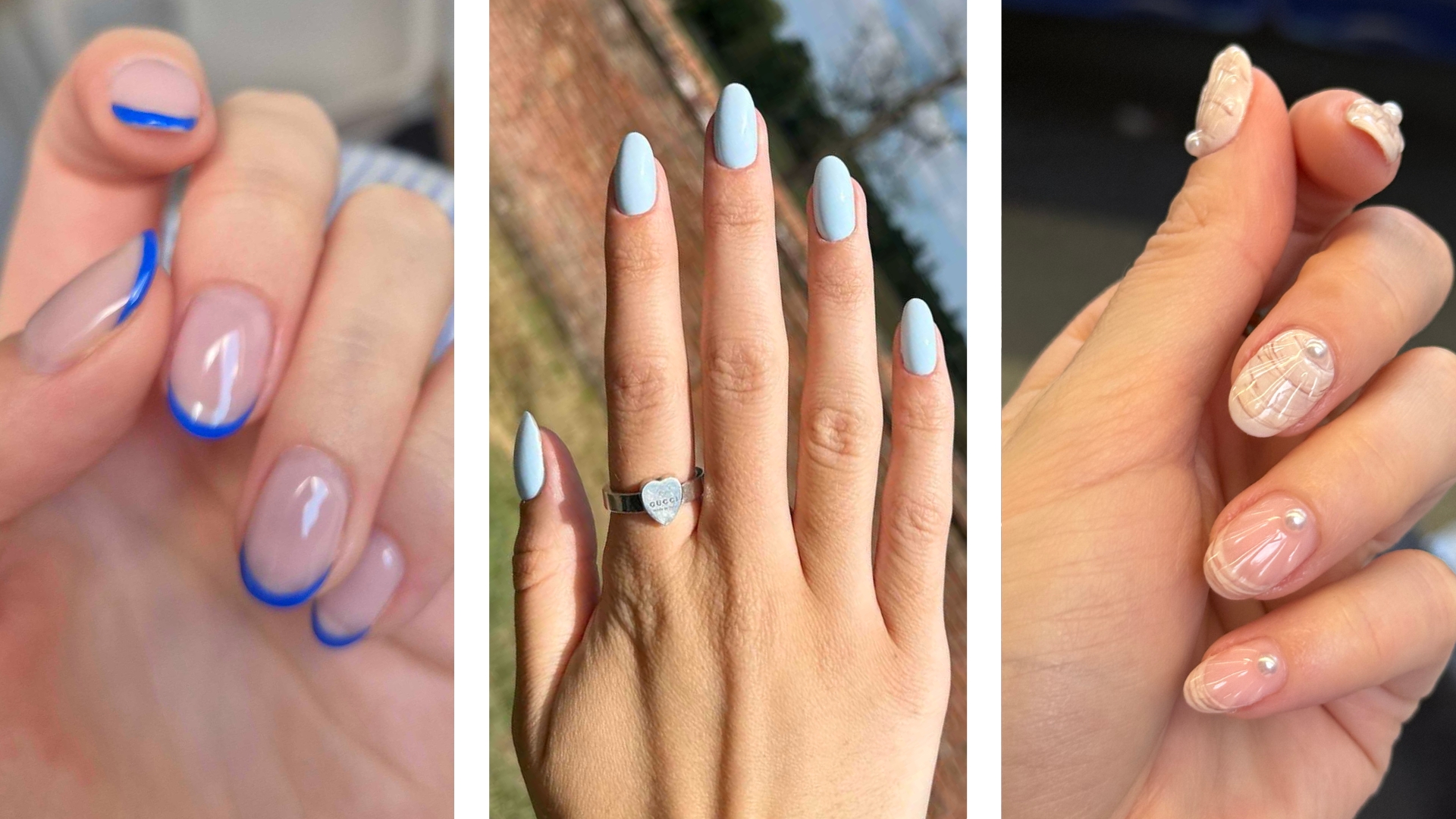 A roundup of our beauty team's marine-inspired manicures from this summer season: on the left, is a close-up of Digital Beauty Writer, Naomi Jamieson with cobalt blue French tips, alongside a picture of Digital Beauty Writer, Sennen Prickett's pastel blue almond nails and finally, on the right, is a close-up of Contributing Beauty Writer, Lucy Abbersteen's 3D shell and pearl nails.