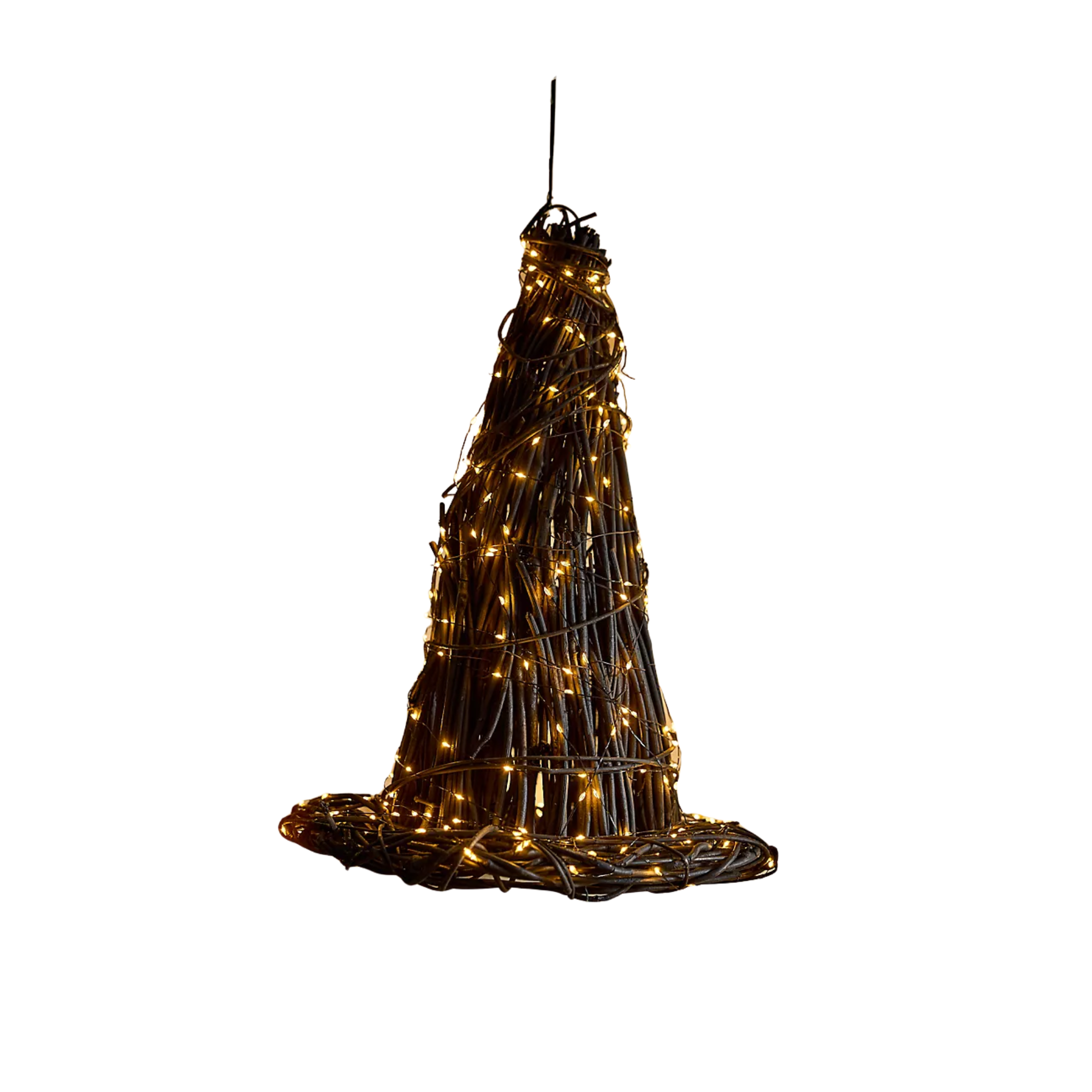 a witches hat made with woven rattan and string lights