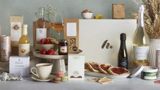 A selection of pita bread, jams, wines, prosecco and tea from a Hampers.com hamper