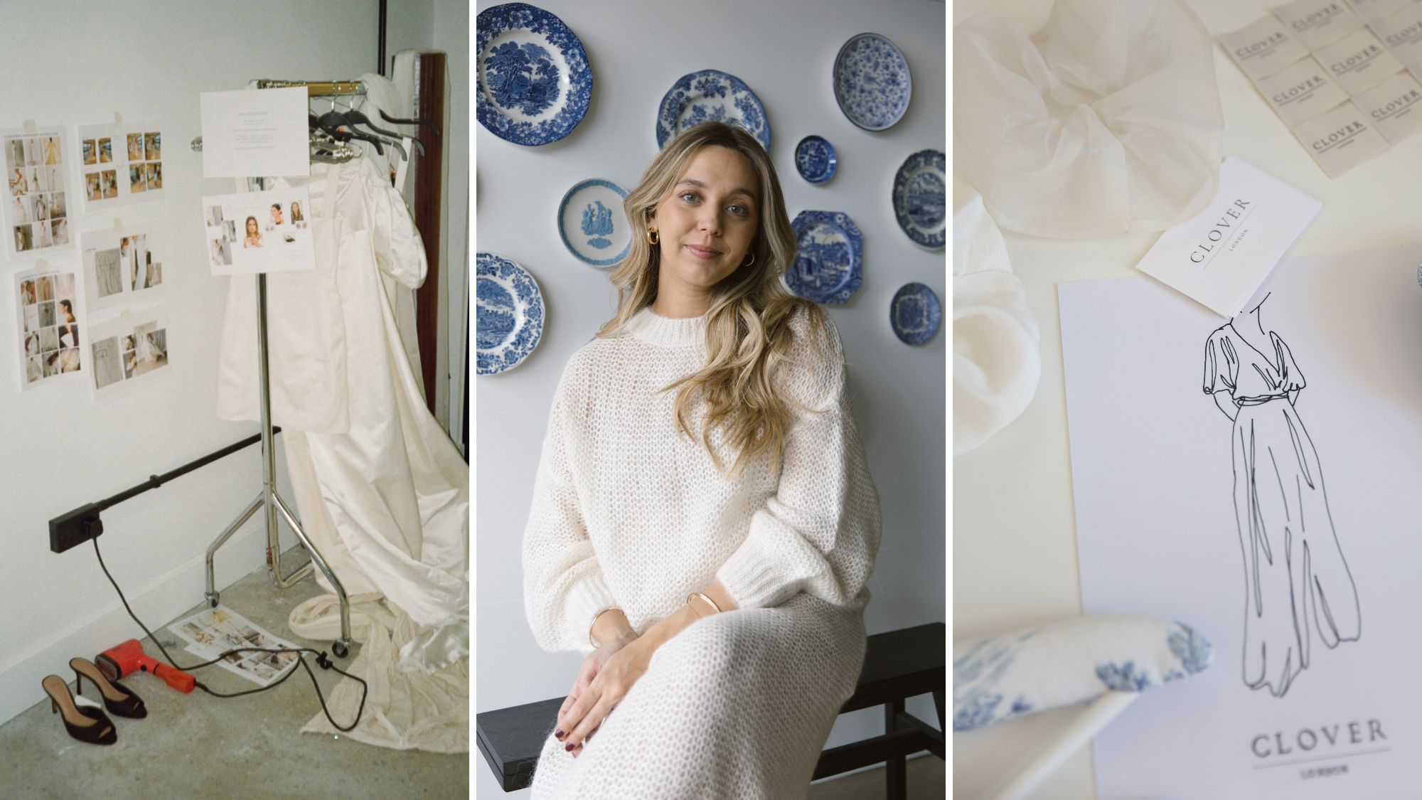 a composite of clover london founder ally voss and scenes from her studio