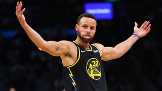 Stephen Curry #30 of the Golden State Warriors celebrates a three point basket in the third quarter against the Boston Celtics during Game Four of the 2022 NBA Finals at TD Garden on June 10, 2022 in Boston, Massachusetts.