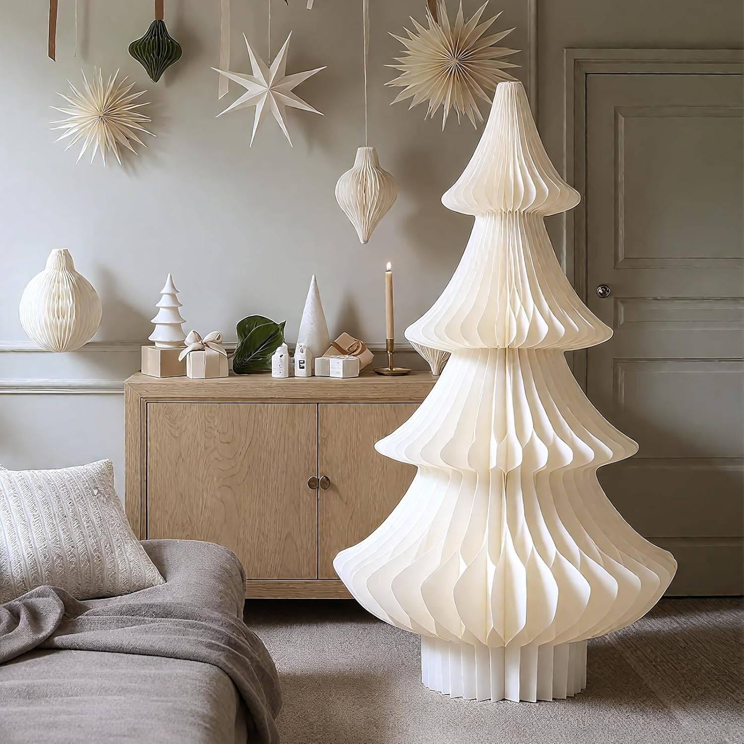 Spiareal Large Beige White Honeycomb Paper Tree 48 Inch Tall Paper Christmas Tree Decorations 4 Ft Foldable &amp;amp; Magnetic Design for Xmas Holiday Winter Party Office Modern Minimalist Decor
