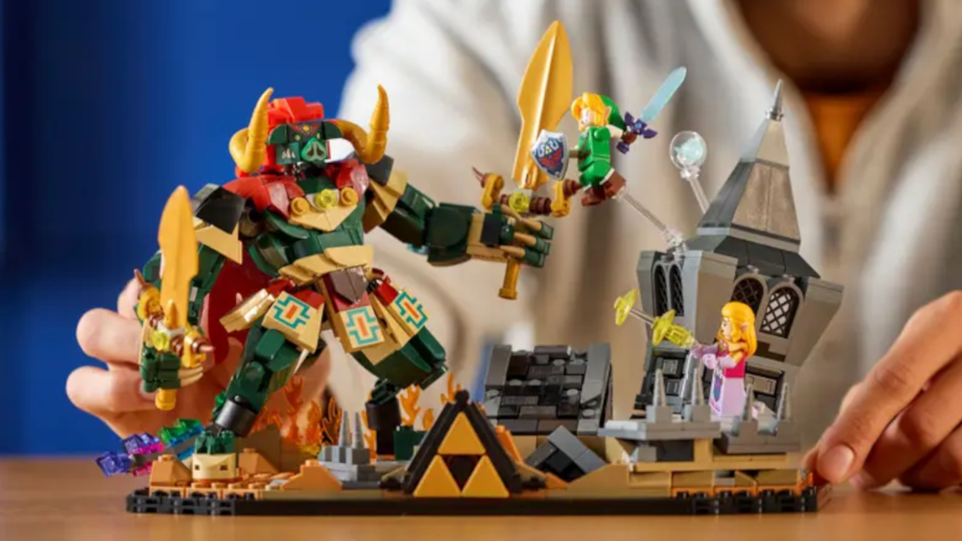 The Lego Ocarina of Time - The Final Battle set and figures laid out on a wooden table