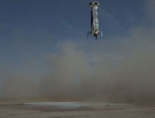 Blue Origin's New Shepard booster approaches its landing site in West Texas during its fourth launch and landing test on June 19, 2016.