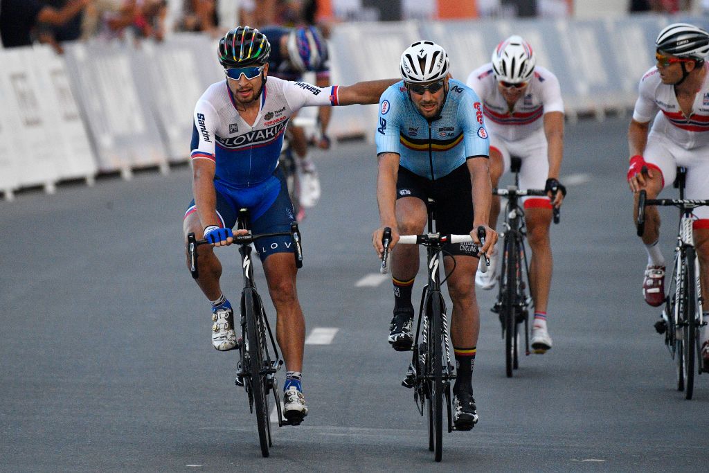 Cycling: 89th Road World Championships 2016 / Men Elite
Arrival / Peter SAGAN (Svk)/ Tom BOONEN (Bel) Disappointment /
Aspire Zone - The Pearl Qatar (257,5km)/
Men Elite / WC /&Acirc;&copy; Tim De Waele