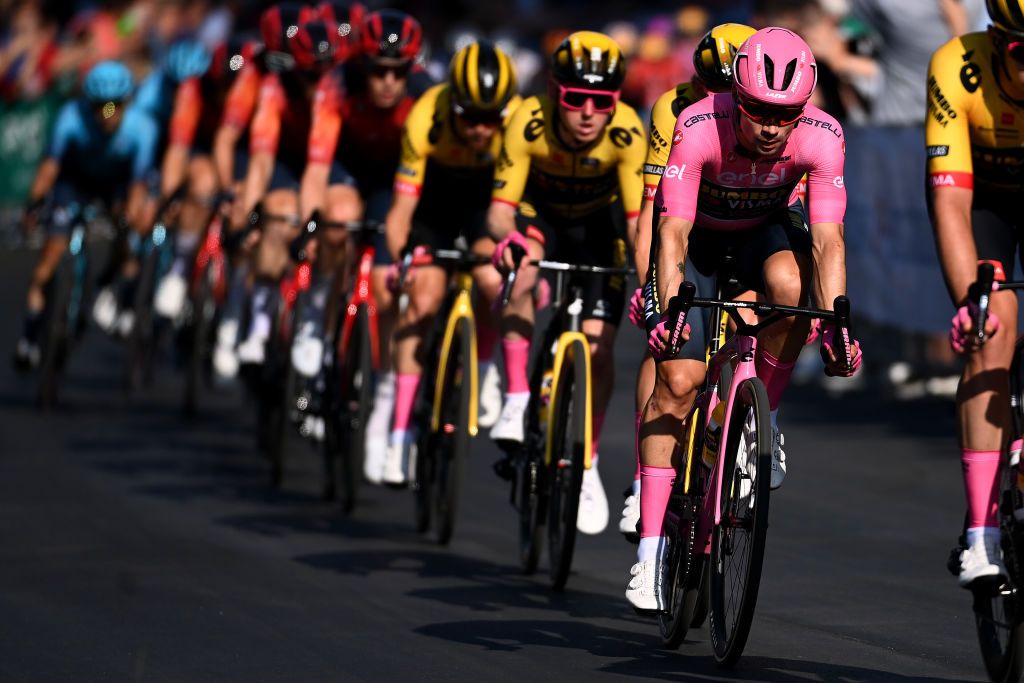 ROME ITALY MAY 28 Primo Rogli of Slovenia and Team JumboVisma Pink Leader Jersey with teammates compete during the 106th Giro dItalia 2023 Stage 21 a 126km stage from Rome to Rome UCIWT on May 28 2023 in Rome Italy Photo by Tim de WaeleGetty Images