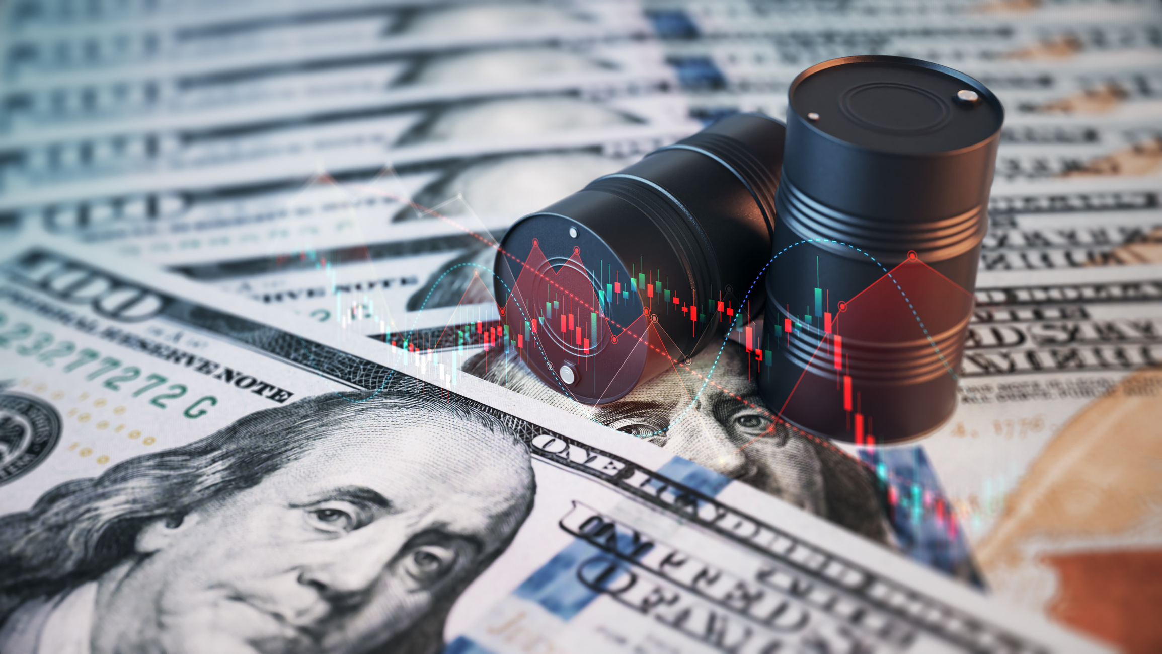 Black Oil Barrels and Financial Charts on Stack of $100 Bills