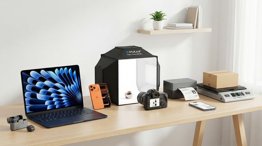 products needed to run an online store on a minimalist desk