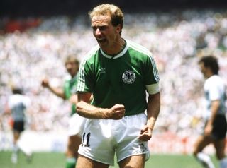 Karl-Heinz Rummenigge celebrates after scoring for West Germany against Argentina in the 1986 World Cup final.