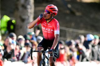 MONTAGNE FRANCE FEBRUARY 13 Nairo Alexander Quintana Rojas of Colombia and Team Arka Samsic celebrates winning during the 6th Tour de La Provence 2022 Stage 3 a 1806km stage from Manosque to Montagne de Lure 1567m TDLP22 on February 13 2022 in Montagne France Photo by Luc ClaessenGetty Images