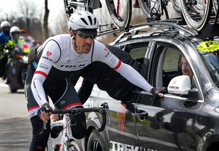 Fabian Cancellara (Trek Factory Racing) gets attention from the team car,