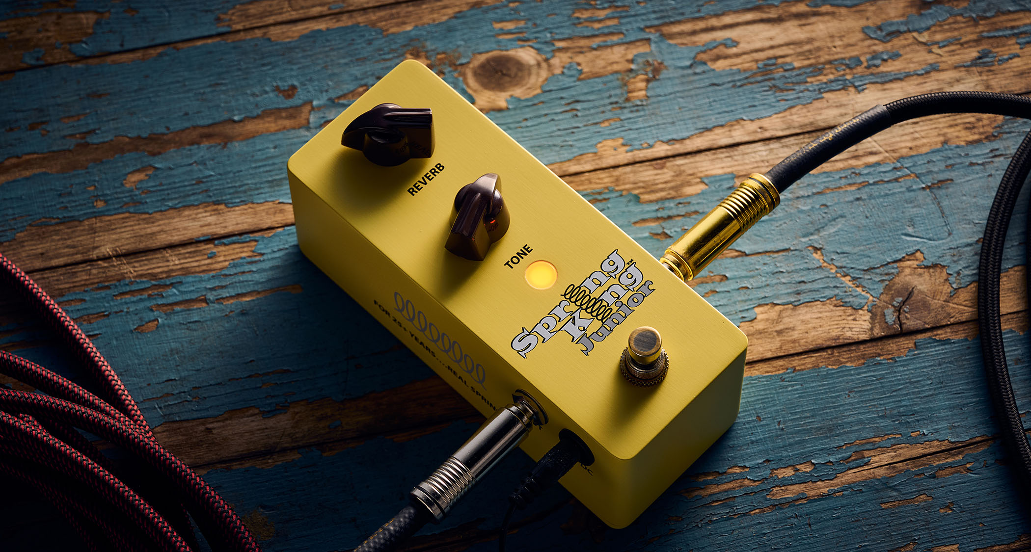 Danelectro Spring King Junior: rehoused in a mini-pedal format with a custard yellow paintjob, the Spring King Junior has a real spring inside.