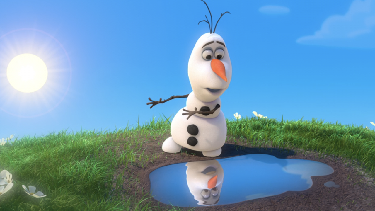 Olaf looking at puddle in In Summer Frozen song