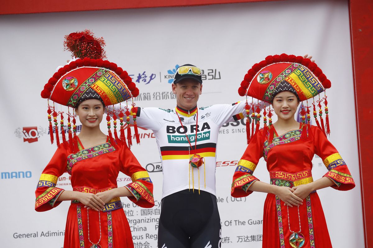 Pascal Ackermann (Bora-Hansgrohe) shows off his German national chsmpion's jersey on the podium
