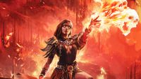 A Path of Exile 2 sorceress casting flaming skulls in a hellish landscape