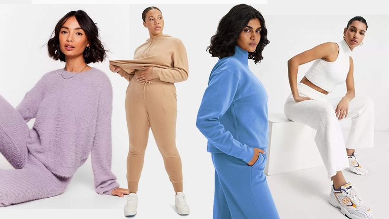 A selection of the best sweat sets to cosy up in this winter are pictured with items from Nasty Gal, Naadam, Girlfriend Collective, ASOS Design