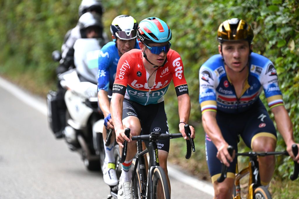 COMO ITALY OCTOBER 12 Lennert Van Eetvelt of Belgium and Team Lotto Dstny competes in the chase group during the 118th Il Lombardia 2024 a 255km one day race from Bergamo to Como UCIWT on October 12 2024 in Como Italy Photo by Tim de WaeleGetty Images