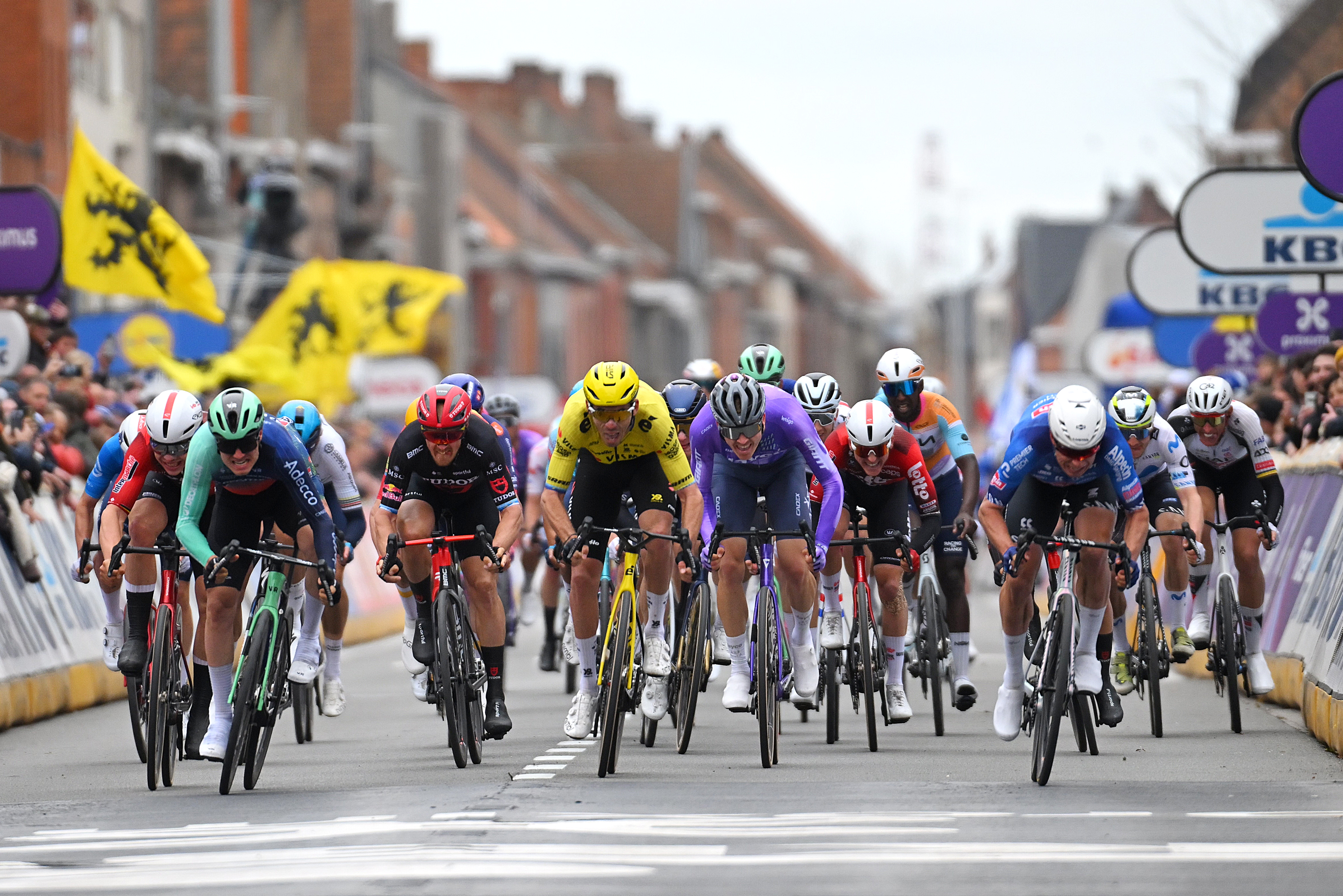 WEVELGEM, BELGIUM - MARCH 29: (L-R) Arnaud De Lie of Belgium and Team Lotto Intermarch&amp;eacute;, Tobias Lund Andresen of Denmark and Team Decathlon CMA CGM, Matteo Trentin of Italy and Team Tudor Pro Cycling, Christophe Laporte of France and Team Visma | Lease a Bike, Robert Donaldson of Great Britain and Team Jayco AlUla and race winner Jasper Philipsen of Belgium and Team Alpecin-Premier Tech sprint at finish line during the 88th In Flanders Fields - From Middelkerke to Wevelgem 2026 - Men&amp;amp;apos;s Elite a 240.8km one day race from Middelkerke to Wevelgem / #UCIWT / on March 29, 2026 in Wevelgem, Belgium. (Photo by Tim de Waele/Getty Images)