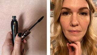 On the left, a close-up of Digital Beauty Editor, Fiona McKim holding the Charlotte Tilbury Exaggereyes mascara in front of a pink background, and on the right, a picture of Fiona wearing the mascara on her lashes